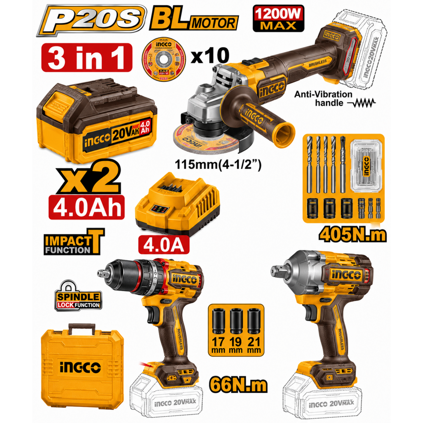 كومبو 3*1شنيور دقاق66نيوتن صاروخ1200وات دريل1/2"405ن 2بطارية4امبير INGCO
