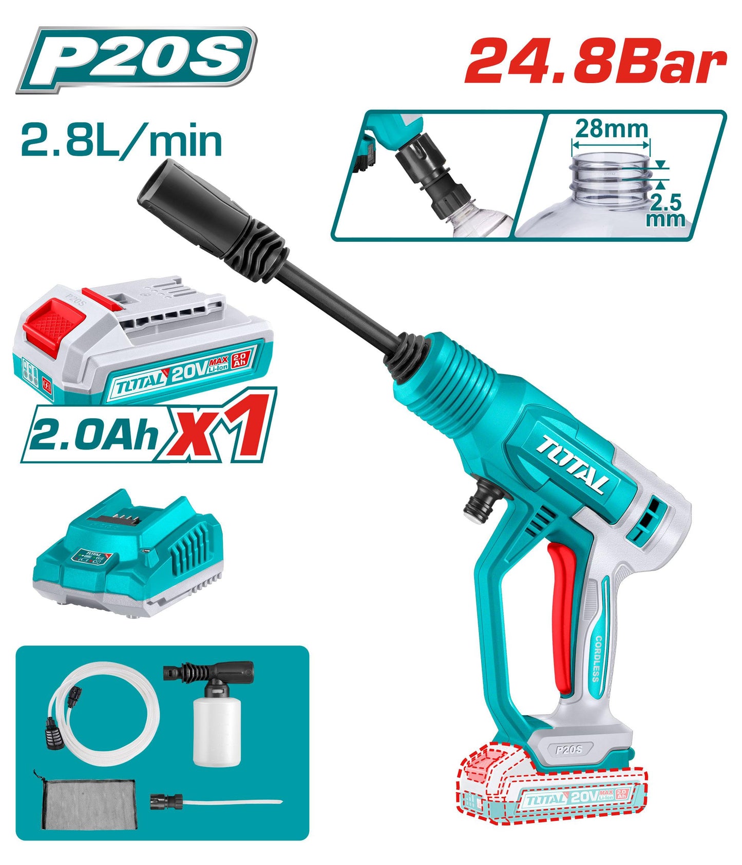 ماكينة غسيل بطارية 20 فولت 1 بطارية 24.8 بار TOTAL