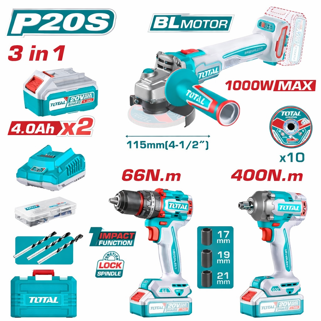 كومبو3*1شنيور دقاق66نيوتن+صاروخ1000وات+دريل1/2"400ن+2بطارية4امبيرTOTAL