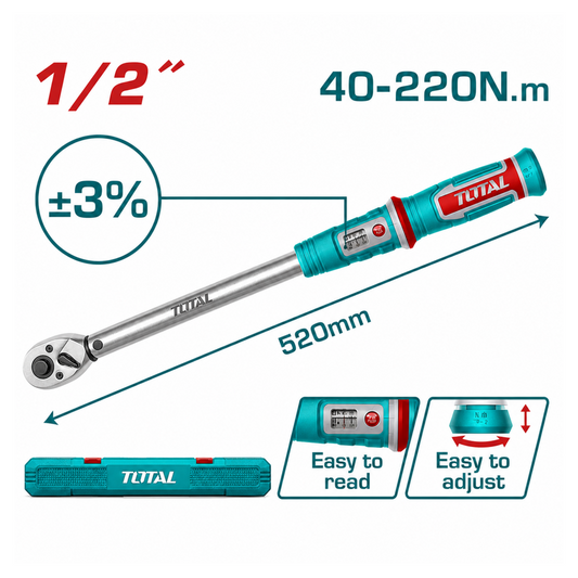 مفتاح عزم ديجيتال 1/2" من 40 الى 220 نيوتن TOTAL