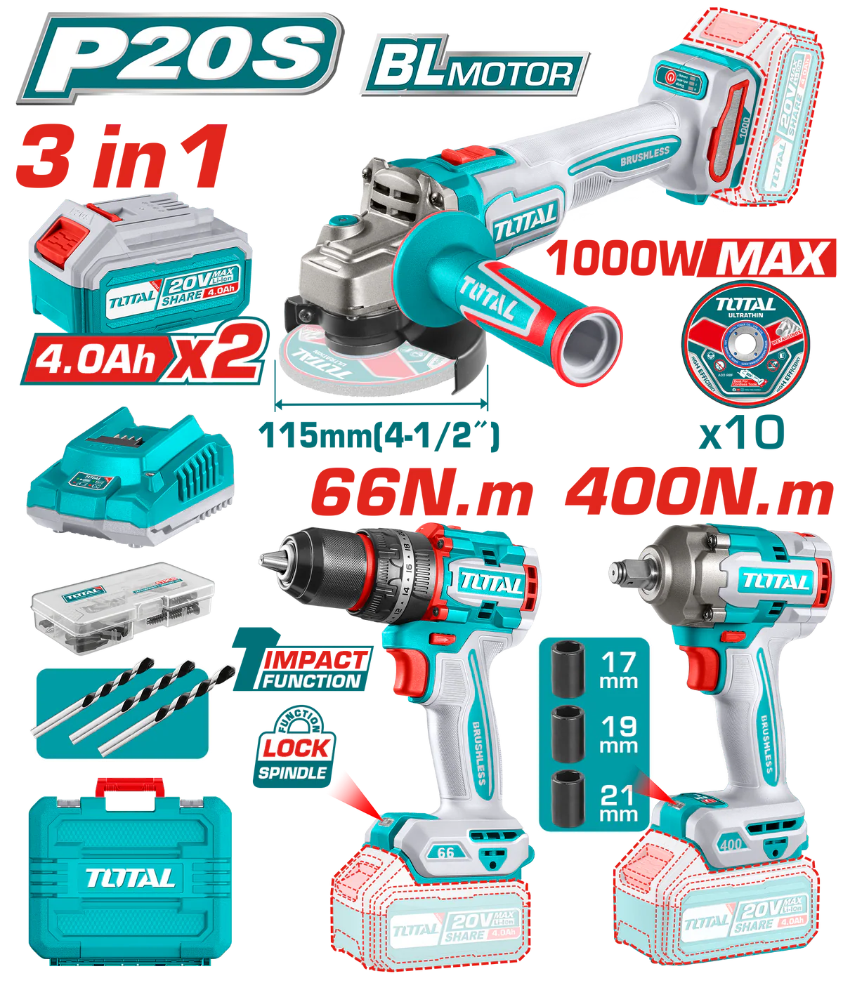 كومبو3*1شنيور دقاق66نيوتن+صاروخ1000وات+دريل1/2"400ن+2بطارية4امبيرTOTAL