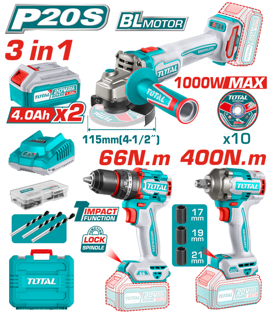 كومبو3*1شنيور دقاق66نيوتن+صاروخ1000وات+دريل1/2"400ن+2بطارية4امبيرTOTAL